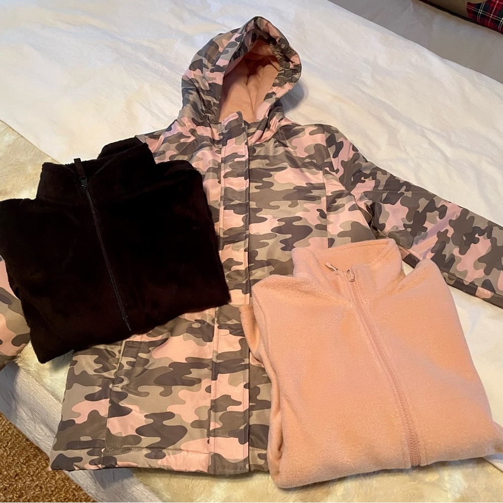 The Children’s Place Big Girls Hooded Pink Camo Puffer Jacket And Two Zip Up’s